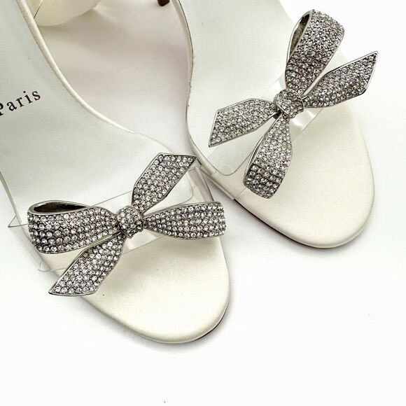 CHRISTIAN LOUBOUTIN Astrinodo Crystal Bow PVC White Sandal Size 38.5 Heel - Picture 9 of 16